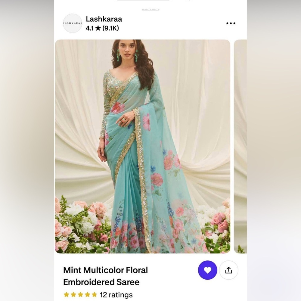 Mint Floral Embroidered Saree